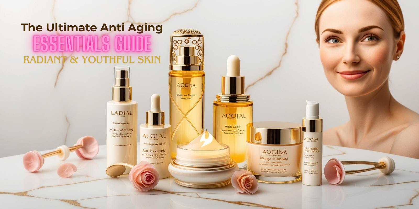 A beautifully arranged flat lay of anti-aging skincare products, including serums, creams, and tools, with soft lighting emphasizing their elegance.