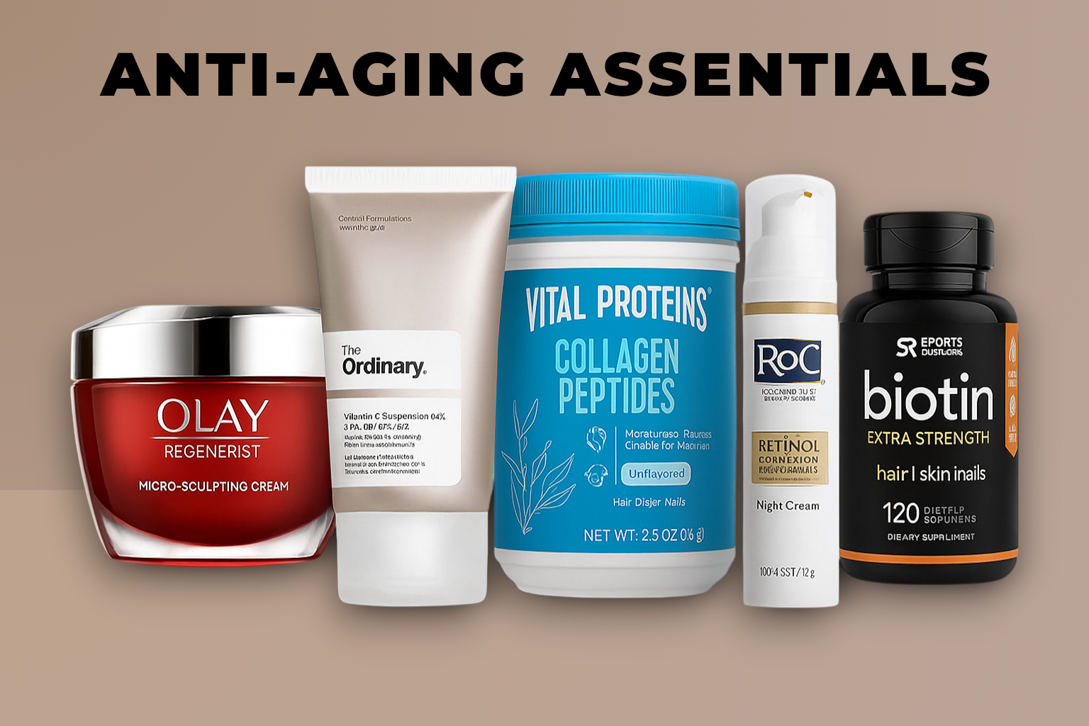 Anti-aging skincare and supplement products including Olay Regenerist cream, The Ordinary Vitamin C, Vital Proteins Collagen Peptides, RoC Retinol Night Cream, and Biotin Extra Strength capsules displayed under the heading Anti-Aging Essentials