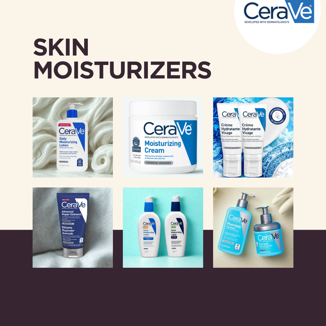 CeraVe moisturizing products lineup featuring moisturizing cream, daily lotion, and facial cleanser