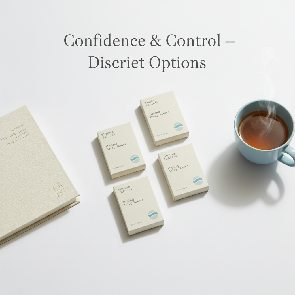 Minimalist flat-lay of timing tablets packaging with soft neutral lighting and discreet props, symbolizing confidence and control.