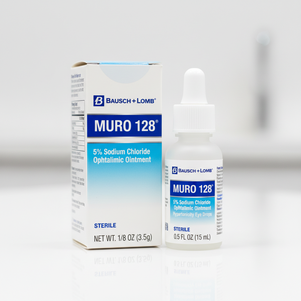 A close-up of the Muro 128 bottle and box displayed on a clean, white medical surface, highlighting the Bausch + Lomb logo and the "5% Sodium Chloride" text.