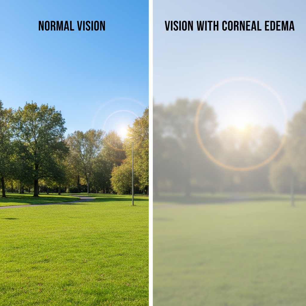 A split comparison image showing a vibrant park scene with clear, sharp vision on one side and blurry, foggy vision with halos caused by corneal edema on the other.