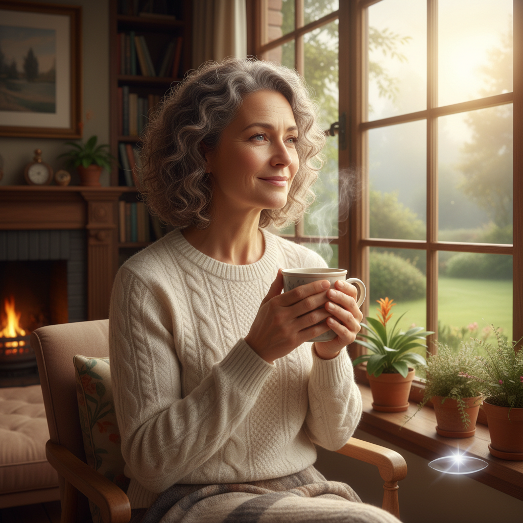 A serene, middle-aged woman enjoying a warm drink by a sunlit window in a cozy, rustic living room, symbolizing comfort, clear vision, and peace of mind.