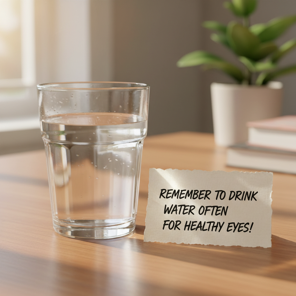 Glass of water with a hydration reminder note.