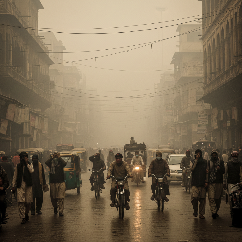 Smoggy street in Lahore with heavy air pollution.