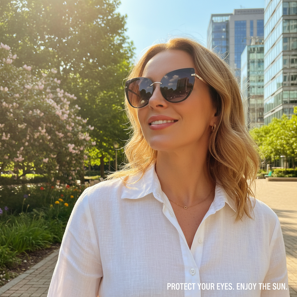 Woman wearing sunglasses outdoors to protect her eyes.