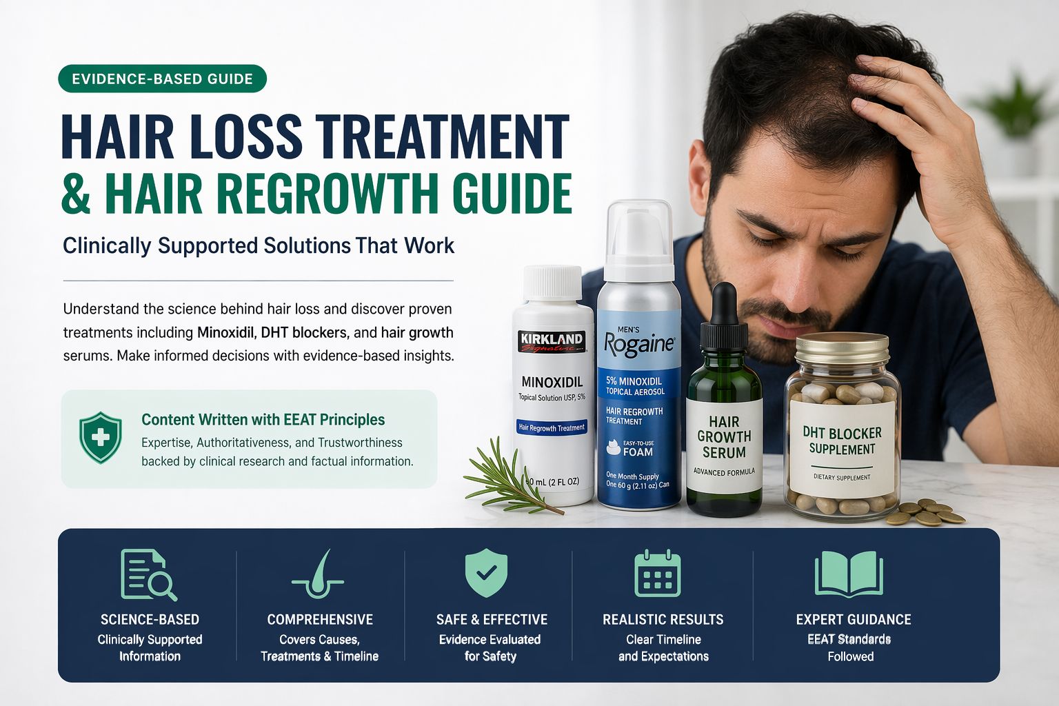 Evidence-based hair loss treatment guide showing Minoxidil, DHT blockers, and hair growth serums for regrowth support